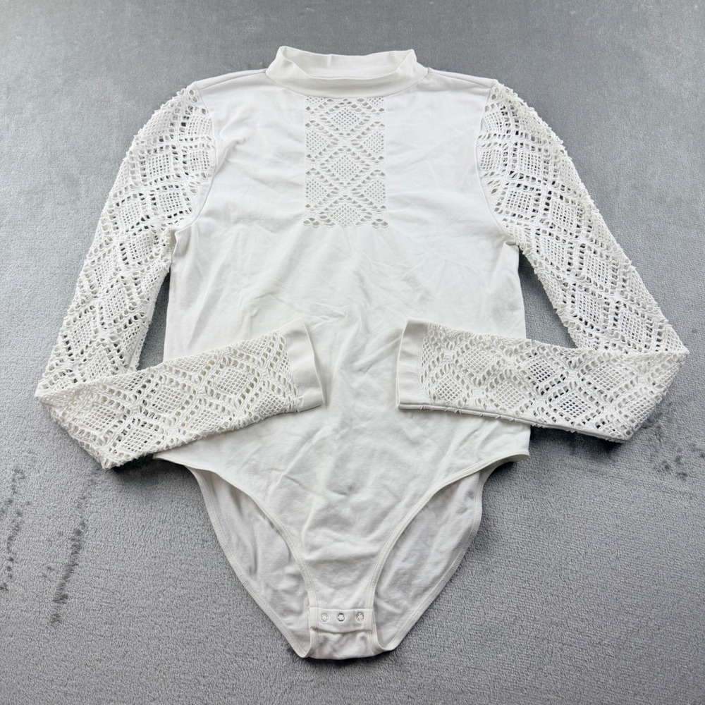 Free People Intimately Women's M/L Crochet Sleeve Mock Neck Bodysuit White